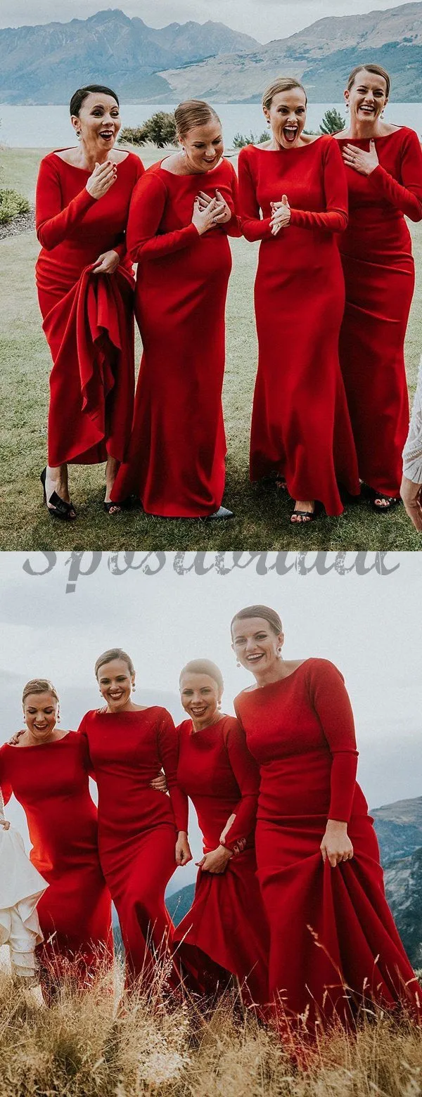 Cheap Modest Mermaid Red Jersey Long Sleeve Sheath Long Bridesmaid Dresses WG586