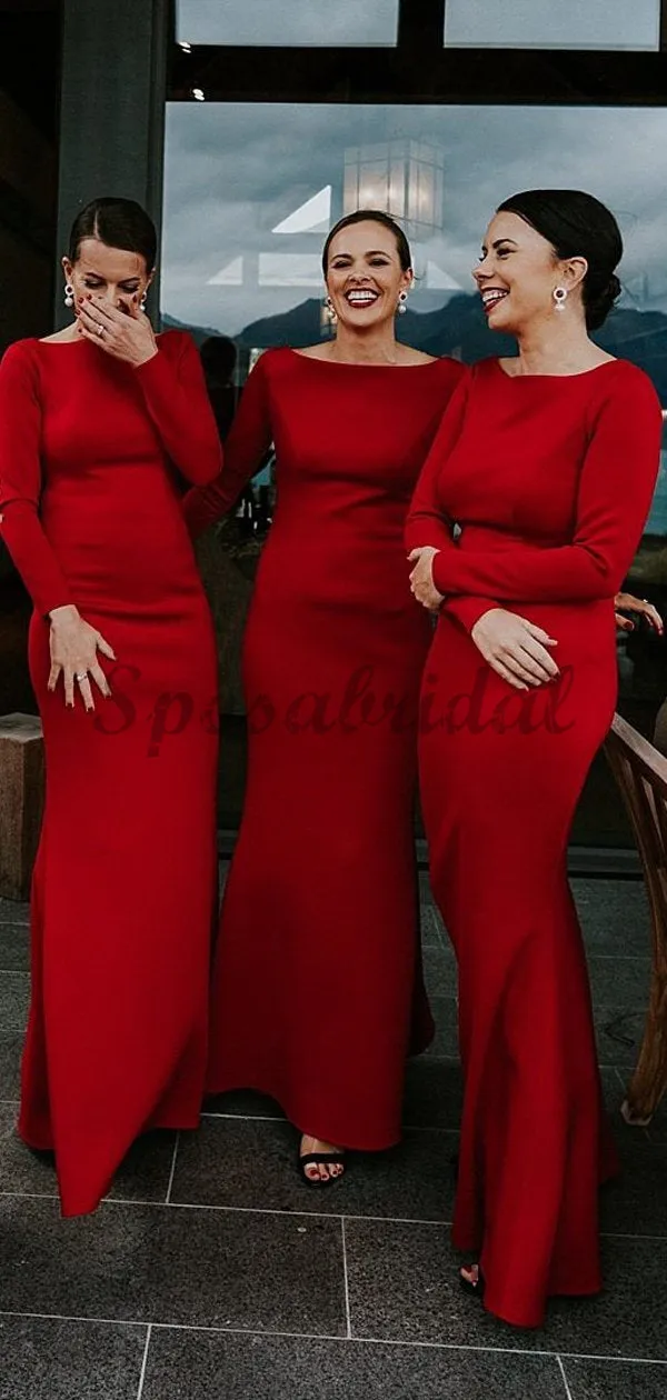 Cheap Modest Mermaid Red Jersey Long Sleeve Sheath Long Bridesmaid Dresses WG586