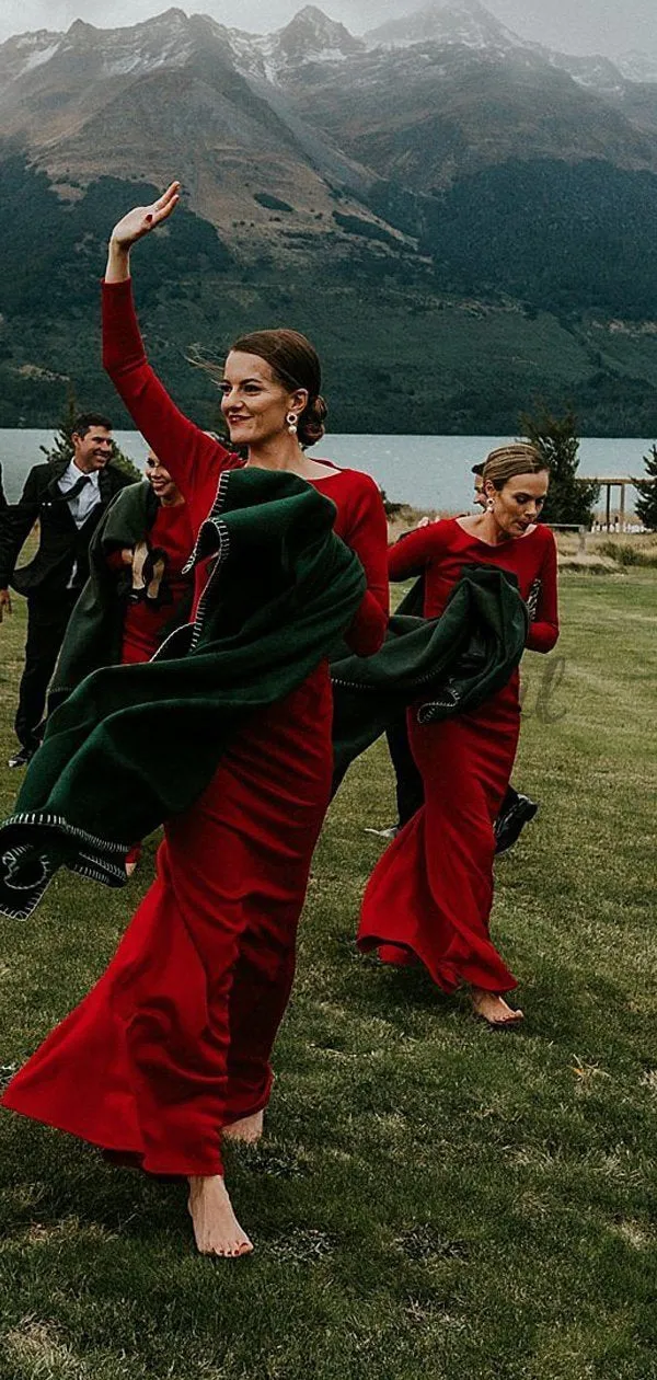 Cheap Modest Mermaid Red Jersey Long Sleeve Sheath Long Bridesmaid Dresses WG586
