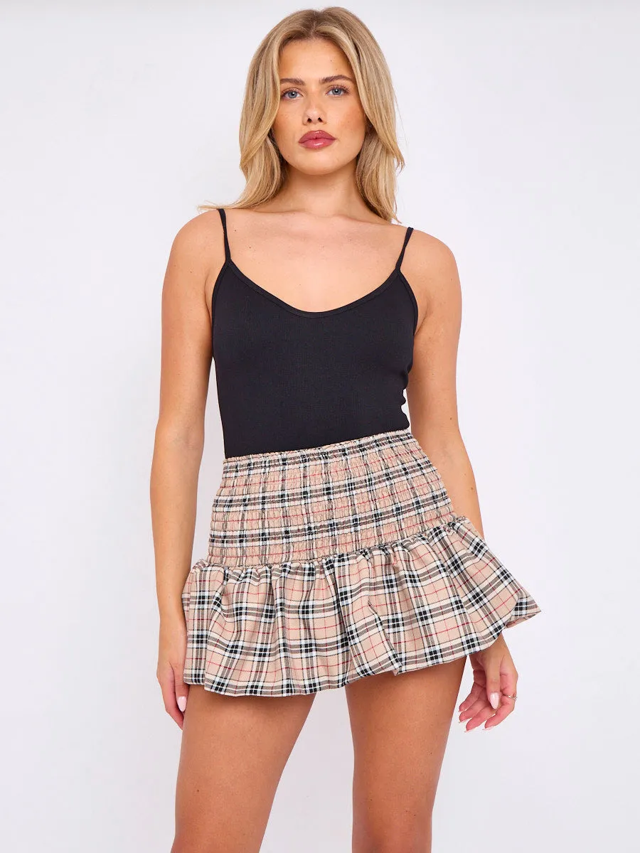 Checked Shirred High Waist Puffball Mini Skirt
