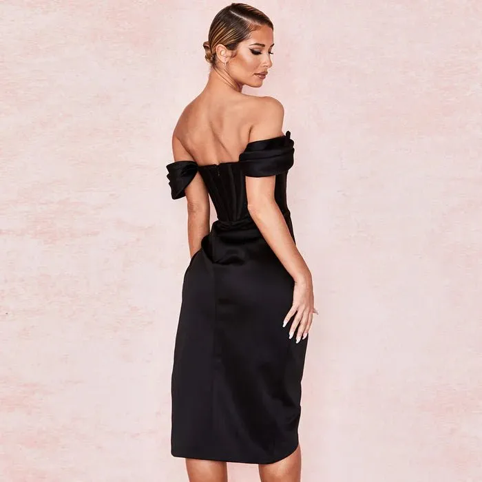 Chic Black Satin Off-Shoulder Corset Midi Dress with High Slit and Elegant Drape