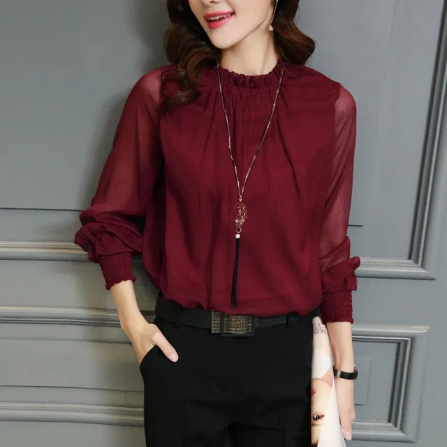 Chiffon Blouse Tops Long Sleeve Stand Neck Work Wear Shirts Elegant Lady Casual Blouses