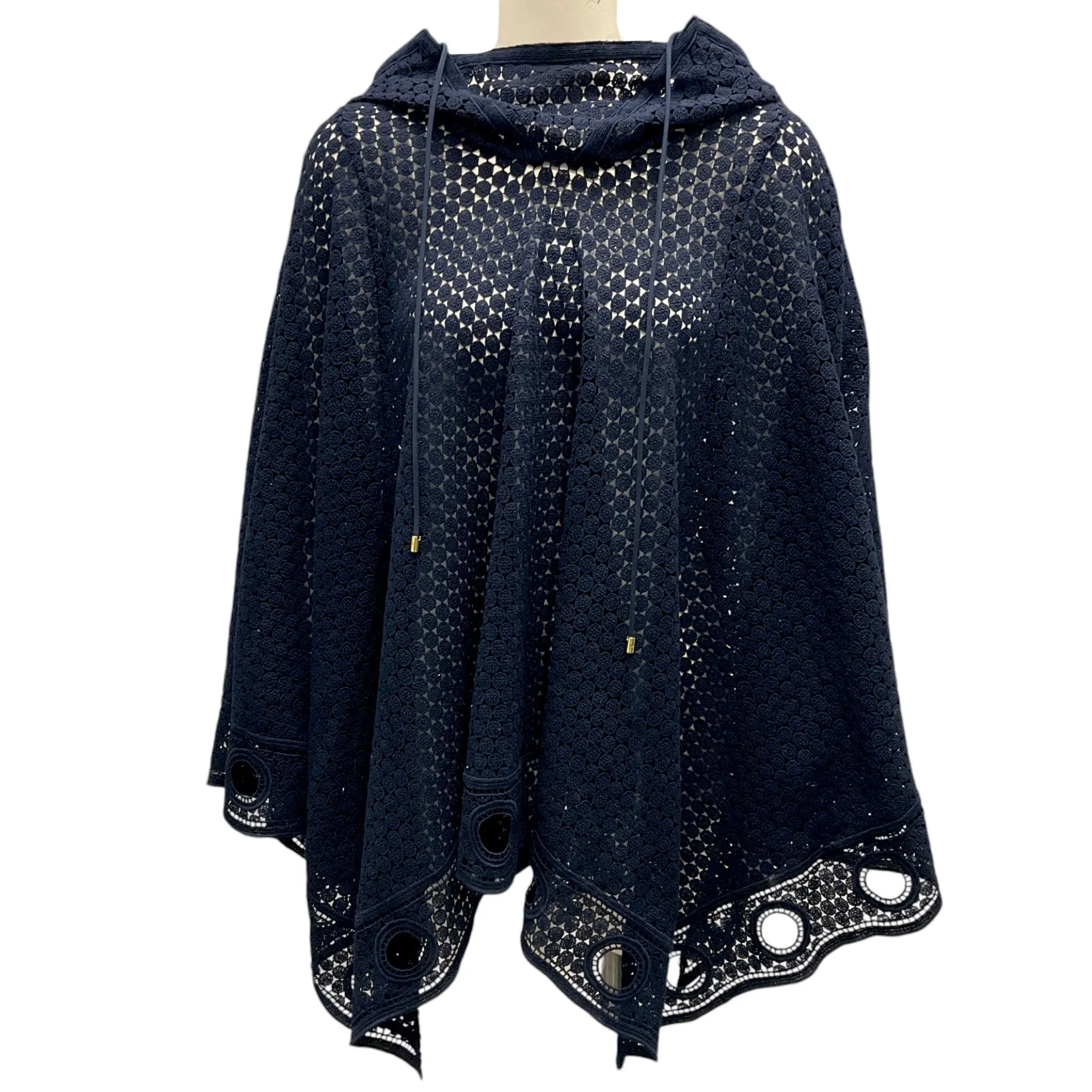 Chloe Deep Navy Eyelet Lace Hooded Poncho