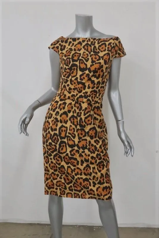 Christian Dior Dress Leopard Print Silk Size 38 US 6 Bow Belt Cap Sleeve Sheath                      FR - FC