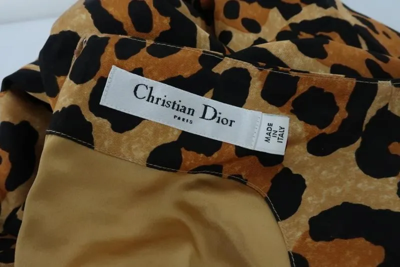Christian Dior Dress Leopard Print Silk Size 38 US 6 Bow Belt Cap Sleeve Sheath                      FR - FC