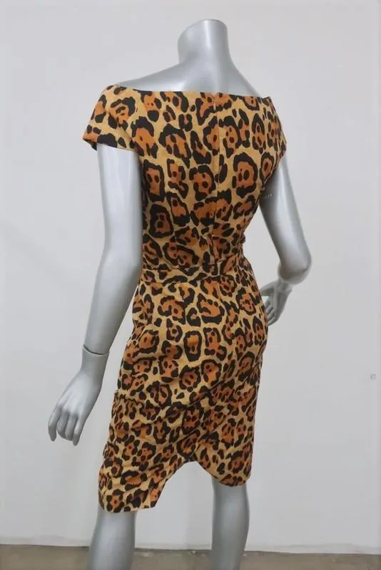 Christian Dior Dress Leopard Print Silk Size 38 US 6 Bow Belt Cap Sleeve Sheath                      FR - FC