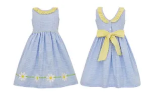 Claire & Charlie- Daisy Dress with Ruffled Collar- Sash, Blue Check Seersucker