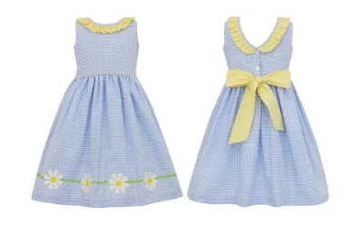 Claire & Charlie- Daisy Dress with Ruffled Collar- Sash, Blue Check Seersucker