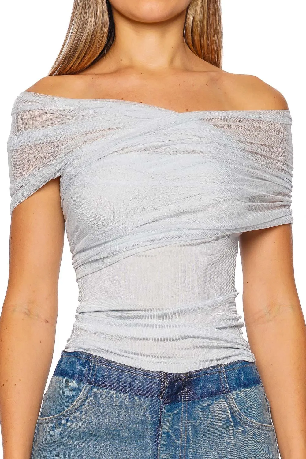 Clear Blue Cross Tulle Ribbed Top