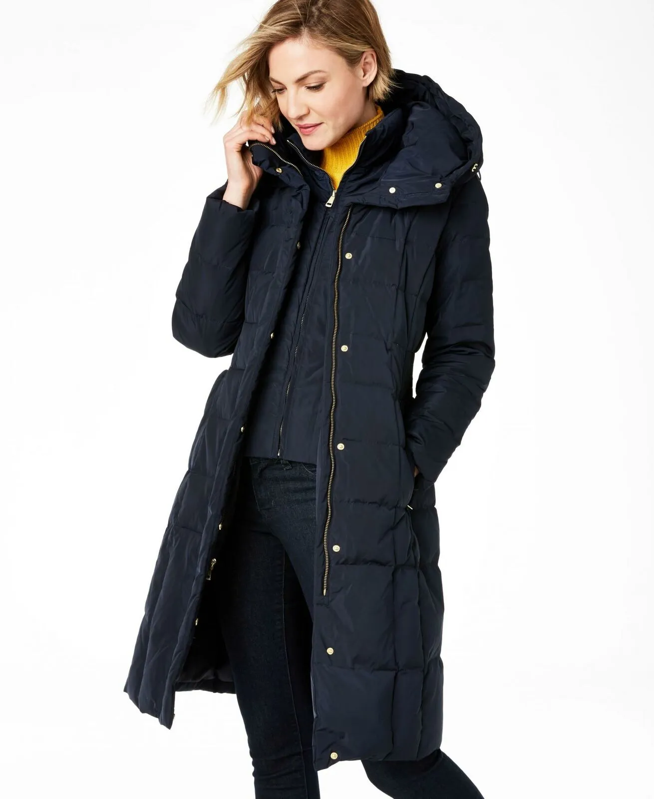 Cole Haan Women's Box Quilt Down Puffer Coat Navy XS