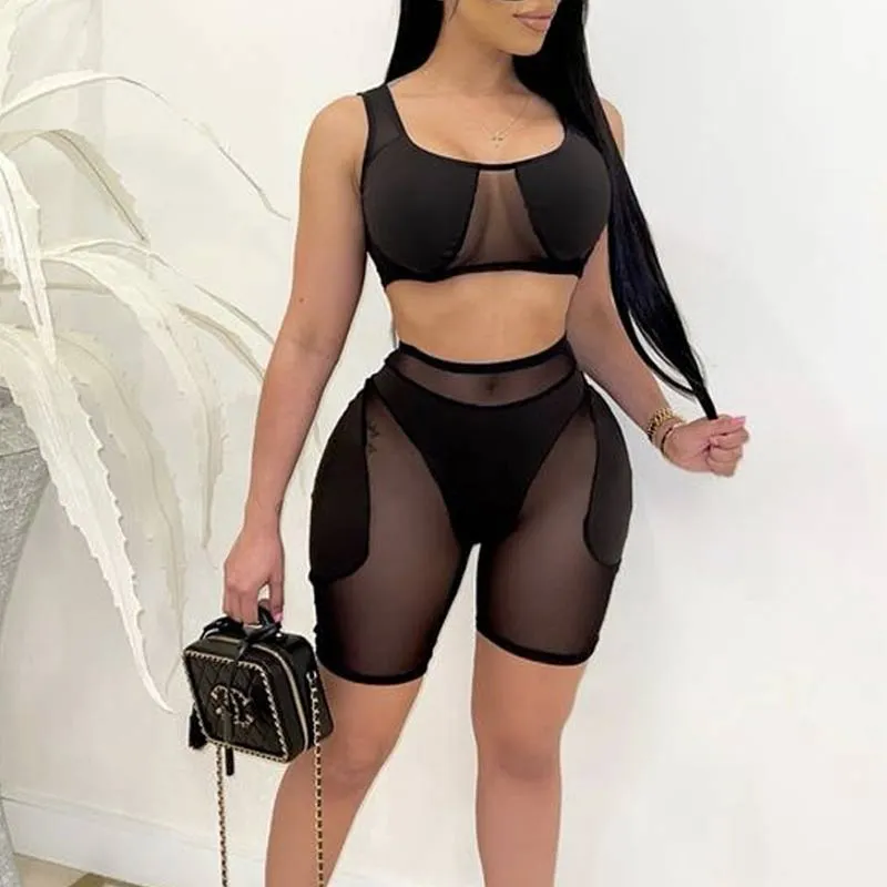 Colorblock Sheer Mesh Patchwork Shorts Set