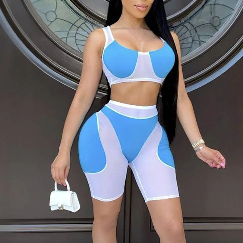 Colorblock Sheer Mesh Patchwork Shorts Set