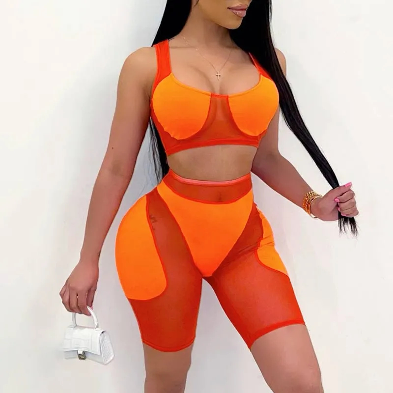 Colorblock Sheer Mesh Patchwork Shorts Set
