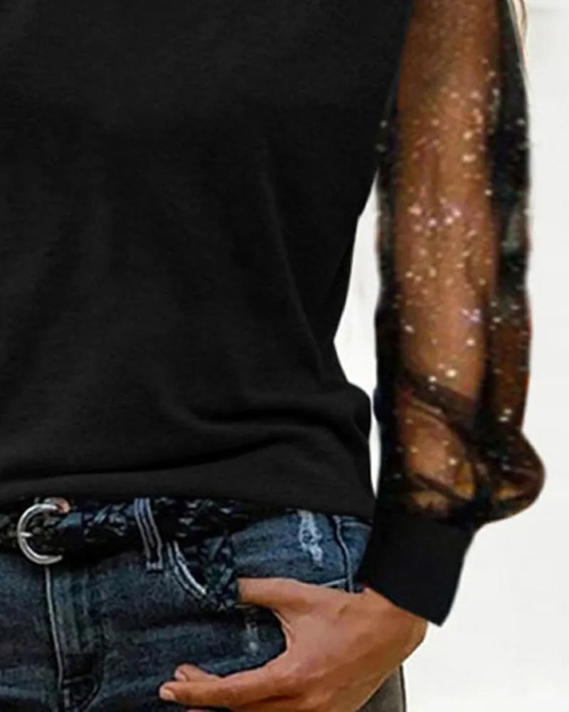 Contrast Mesh Cold Shoulder Top
