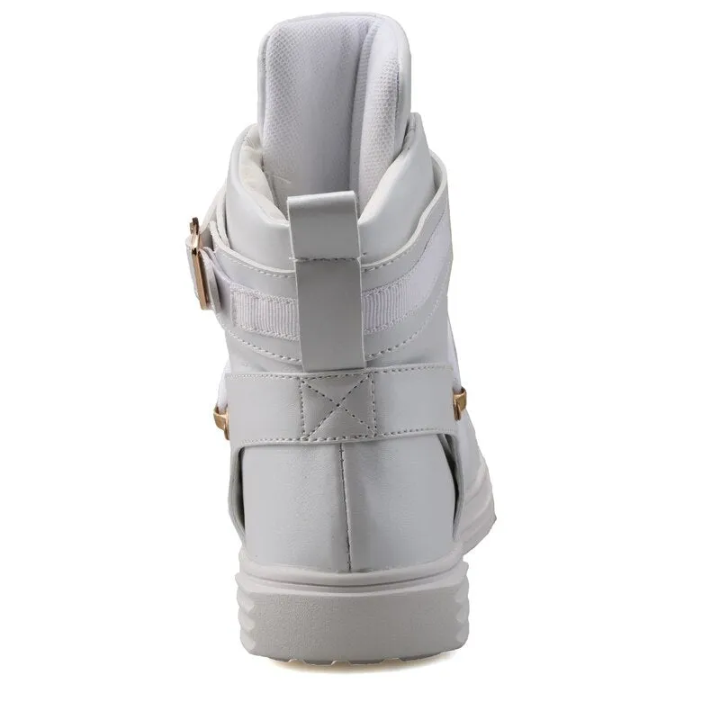Cool Men High Top Fashion Sneakers Buckle Platform Flats Boots Shoes Man Harajuku Red krasovki Vulcanized Outdoor Shoes