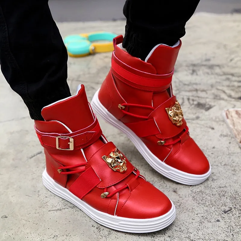 Cool Men High Top Fashion Sneakers Buckle Platform Flats Boots Shoes Man Harajuku Red krasovki Vulcanized Outdoor Shoes