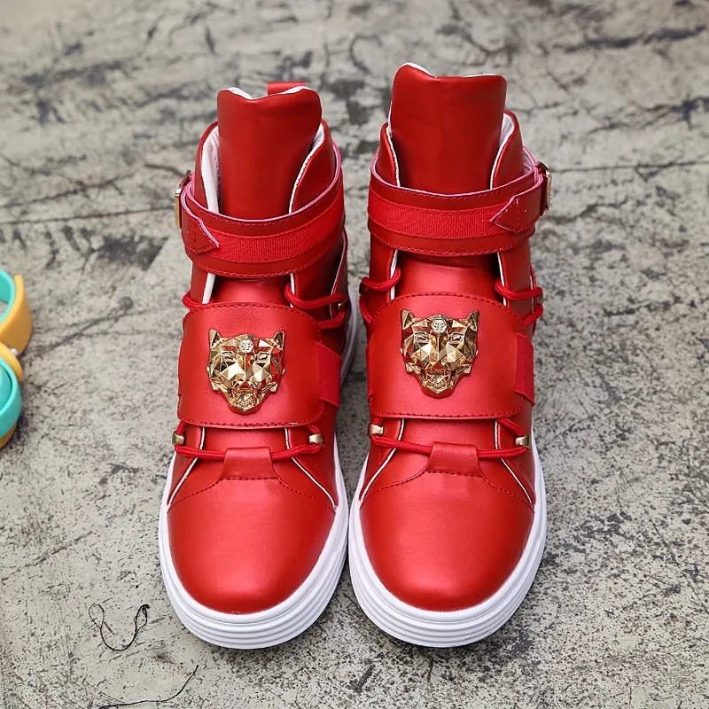 Cool Men High Top Fashion Sneakers Buckle Platform Flats Boots Shoes Man Harajuku Red krasovki Vulcanized Outdoor Shoes