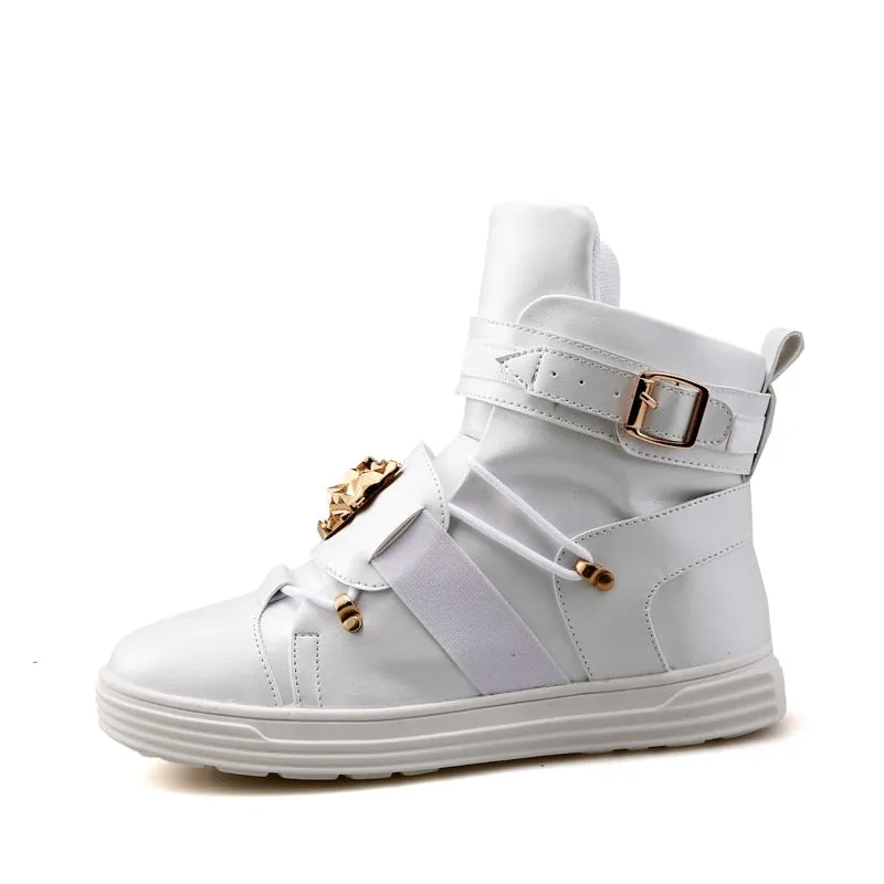 Cool Men High Top Fashion Sneakers Buckle Platform Flats Boots Shoes Man Harajuku Red krasovki Vulcanized Outdoor Shoes