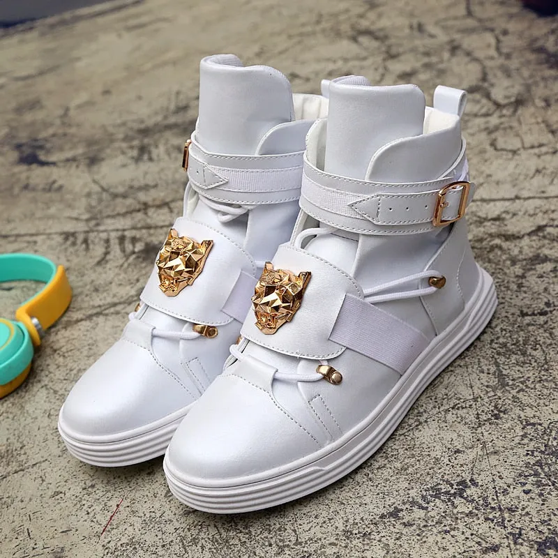 Cool Men High Top Fashion Sneakers Buckle Platform Flats Boots Shoes Man Harajuku Red krasovki Vulcanized Outdoor Shoes