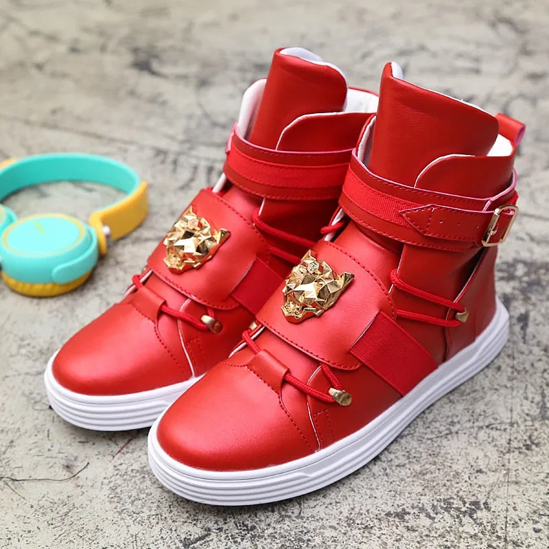 Cool Men High Top Fashion Sneakers Buckle Platform Flats Boots Shoes Man Harajuku Red krasovki Vulcanized Outdoor Shoes