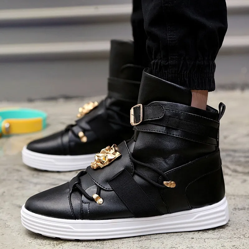 Cool Men High Top Fashion Sneakers Buckle Platform Flats Boots Shoes Man Harajuku Red krasovki Vulcanized Outdoor Shoes