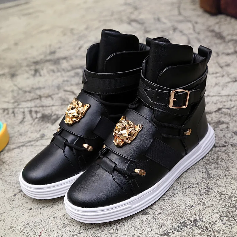 Cool Men High Top Fashion Sneakers Buckle Platform Flats Boots Shoes Man Harajuku Red krasovki Vulcanized Outdoor Shoes