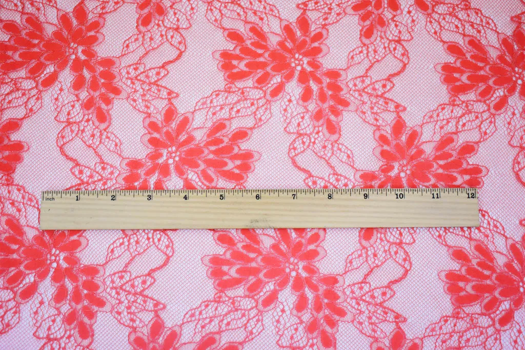 Coral Red Nylon Cotton Floral Lace Mesh Knit Fabric