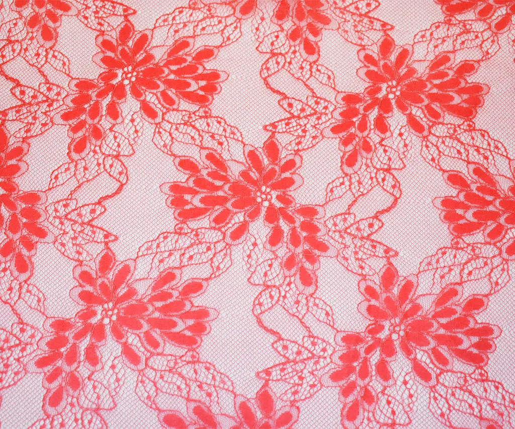 Coral Red Nylon Cotton Floral Lace Mesh Knit Fabric