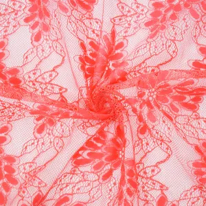 Coral Red Nylon Cotton Floral Lace Mesh Knit Fabric