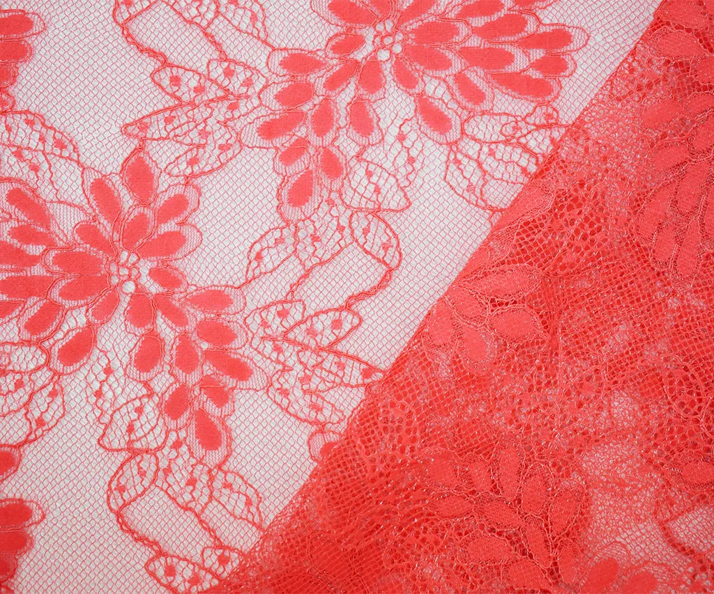 Coral Red Nylon Cotton Floral Lace Mesh Knit Fabric