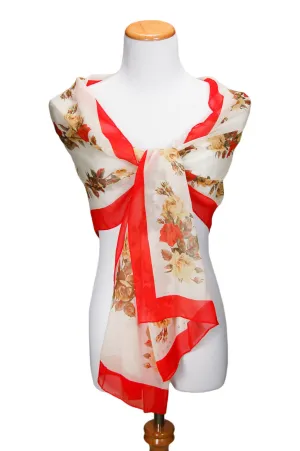 Cream Silk Scarf with Red Roses by Perry Ellis