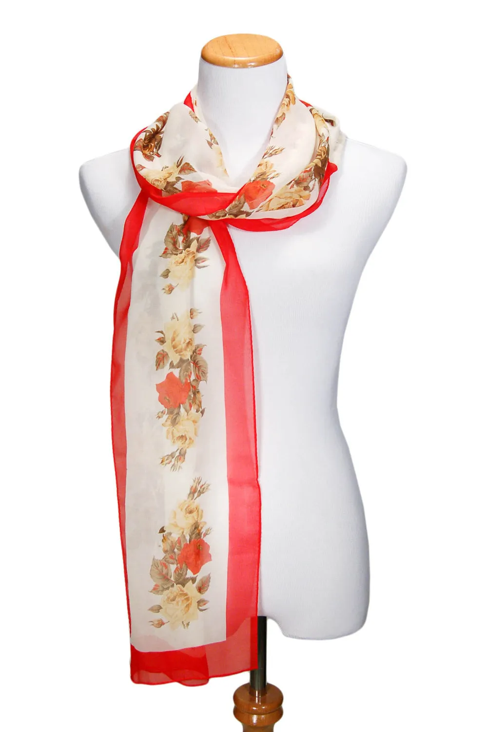 Cream Silk Scarf with Red Roses by Perry Ellis