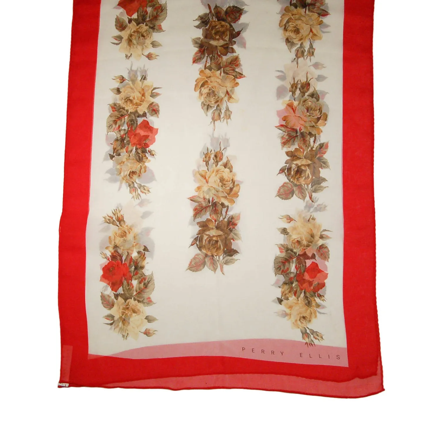 Cream Silk Scarf with Red Roses by Perry Ellis