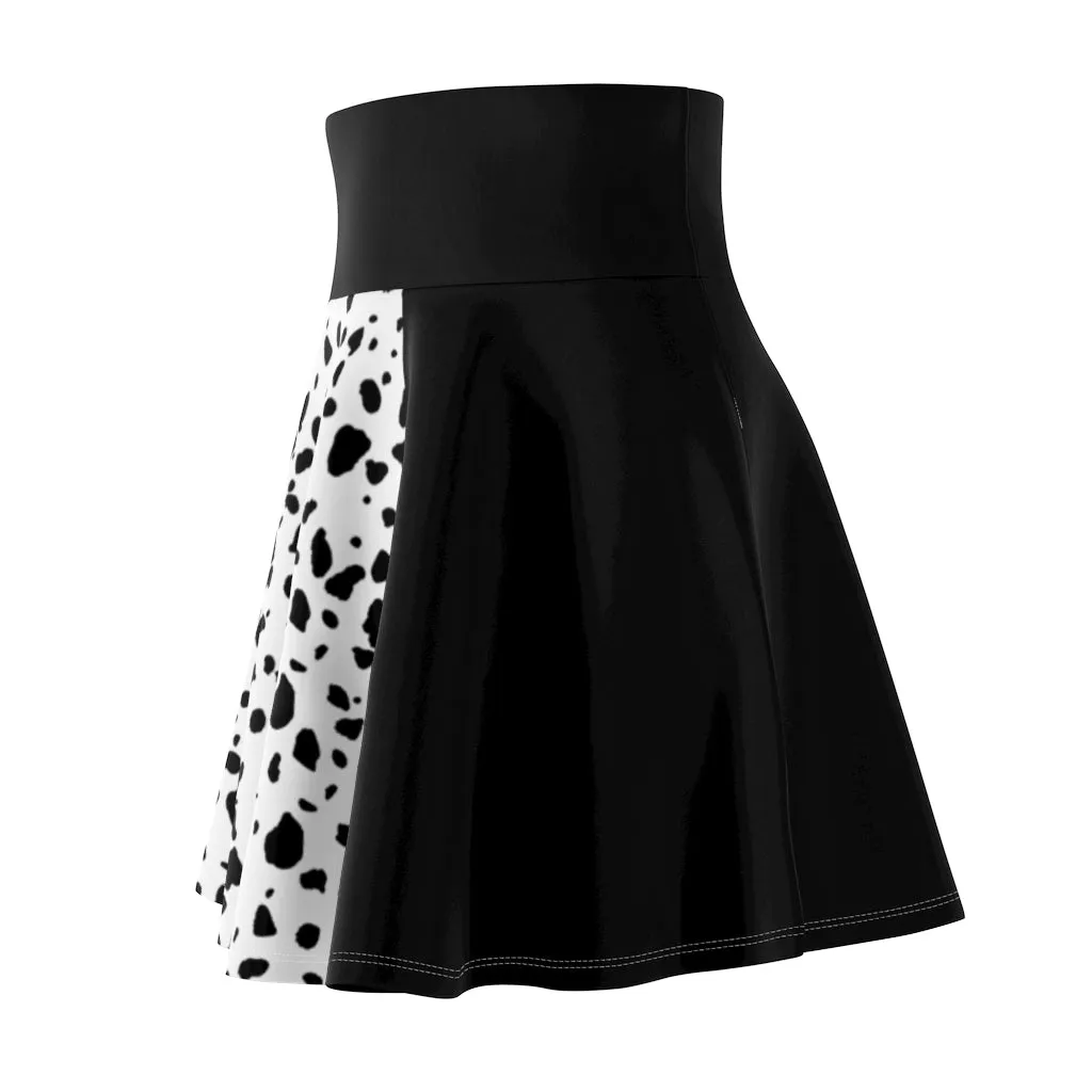 Cruella Women's Skater Skirt Costume Cosplay Gift for Her Fantasy Skirt Circle Skirt Half Black Half Dalmation Spots