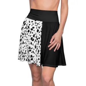 Cruella Women's Skater Skirt Costume Cosplay Gift for Her Fantasy Skirt Circle Skirt Half Black Half Dalmation Spots