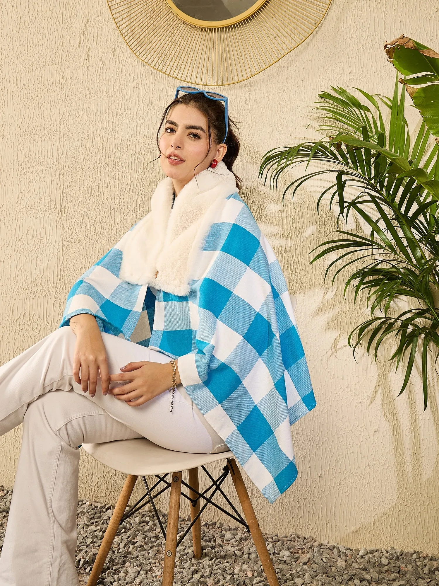Cyan Blue White Check Cream Fur Poncho