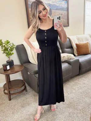 Decorative Button Front Maxi Dress With Pockets In Midnight Black