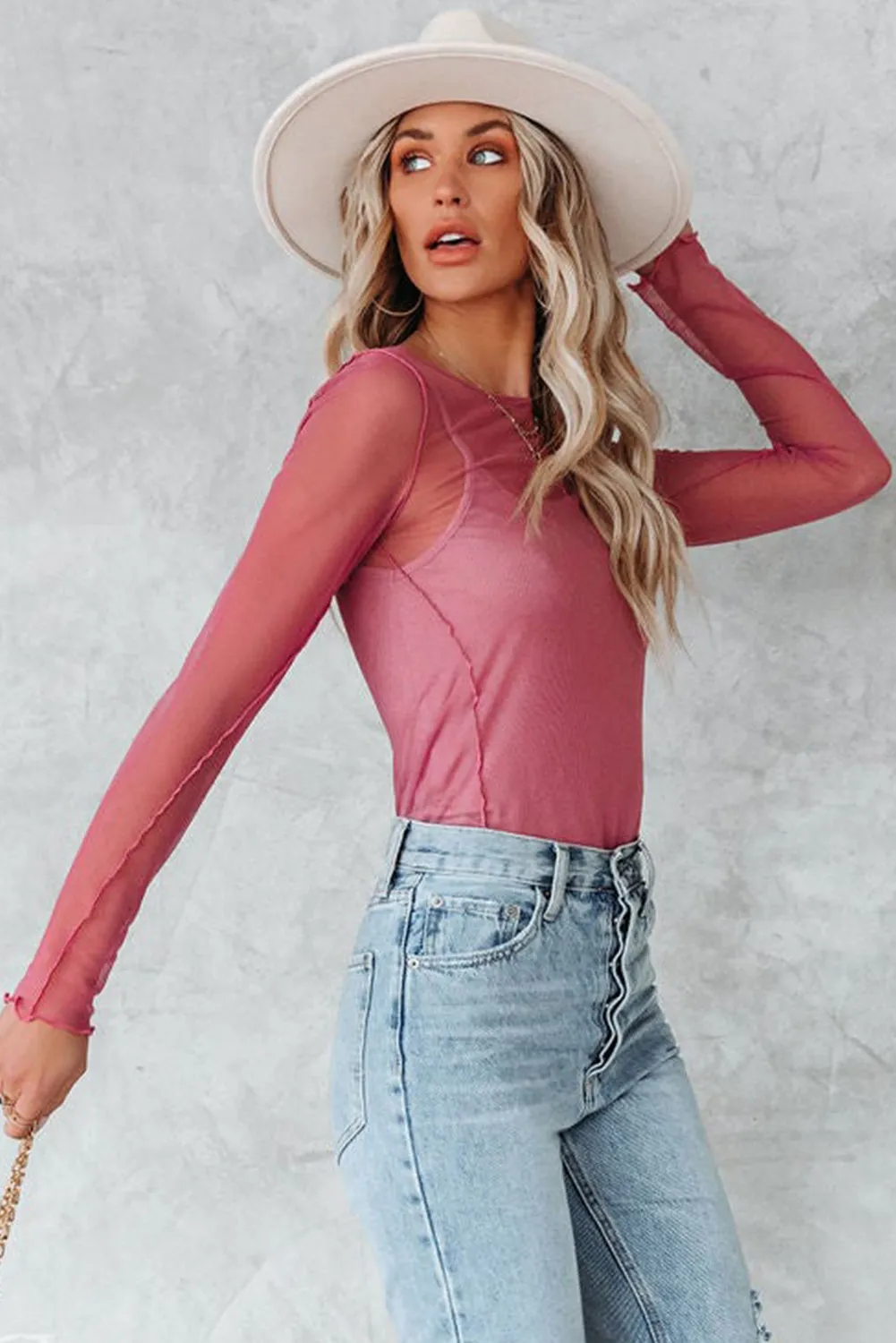 Desert Rose Accent Seam Sheer Long Sleeve Mesh Top