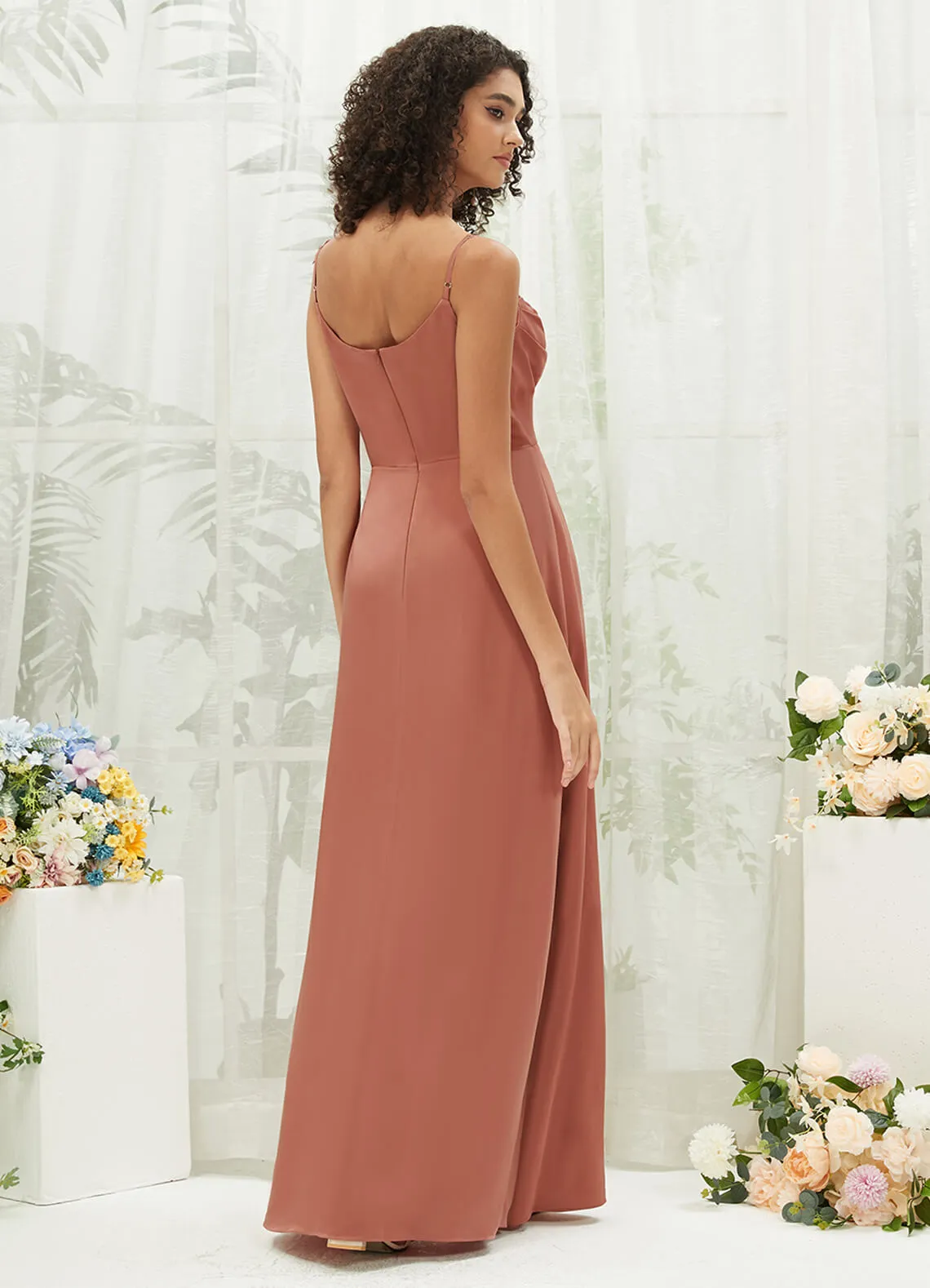 Desert Rose Cowl Neckline Straps Side Slit Silk Satin Convertible Bridesmaid Dress