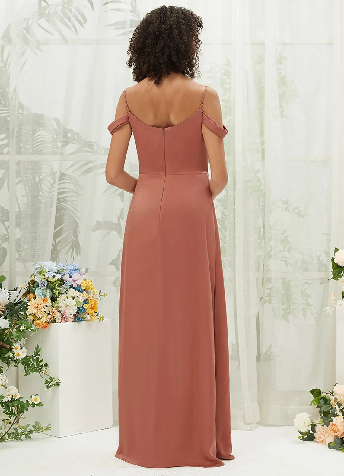Desert Rose Cowl Neckline Straps Side Slit Silk Satin Convertible Bridesmaid Dress