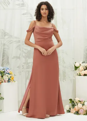 Desert Rose Cowl Neckline Straps Side Slit Silk Satin Convertible Bridesmaid Dress