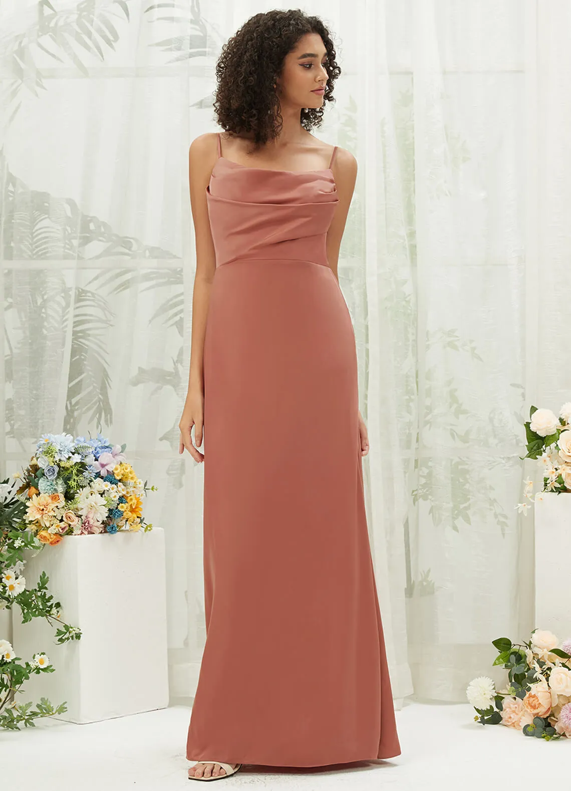 Desert Rose Cowl Neckline Straps Side Slit Silk Satin Convertible Bridesmaid Dress