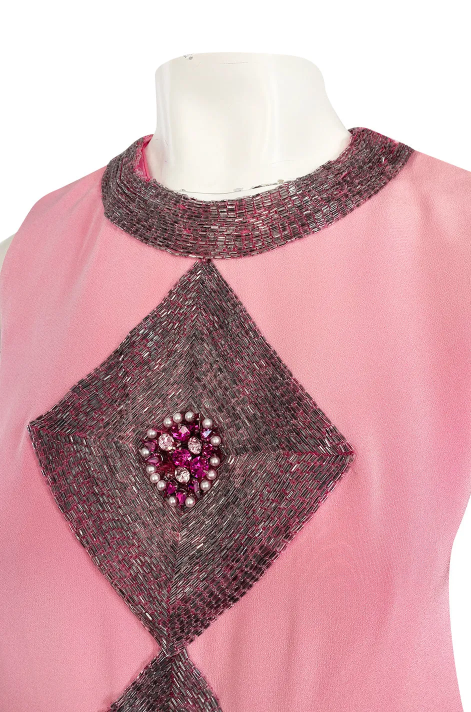Documented 1969 Pierre Cardin Couture Pink Silk Crepe Diamond Beaded Dress w Overlay