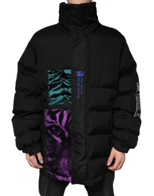 Dolce&Gabbana Men Black Puffer Jacket Nylon Padded Animal Print Bomber Sz IT 52