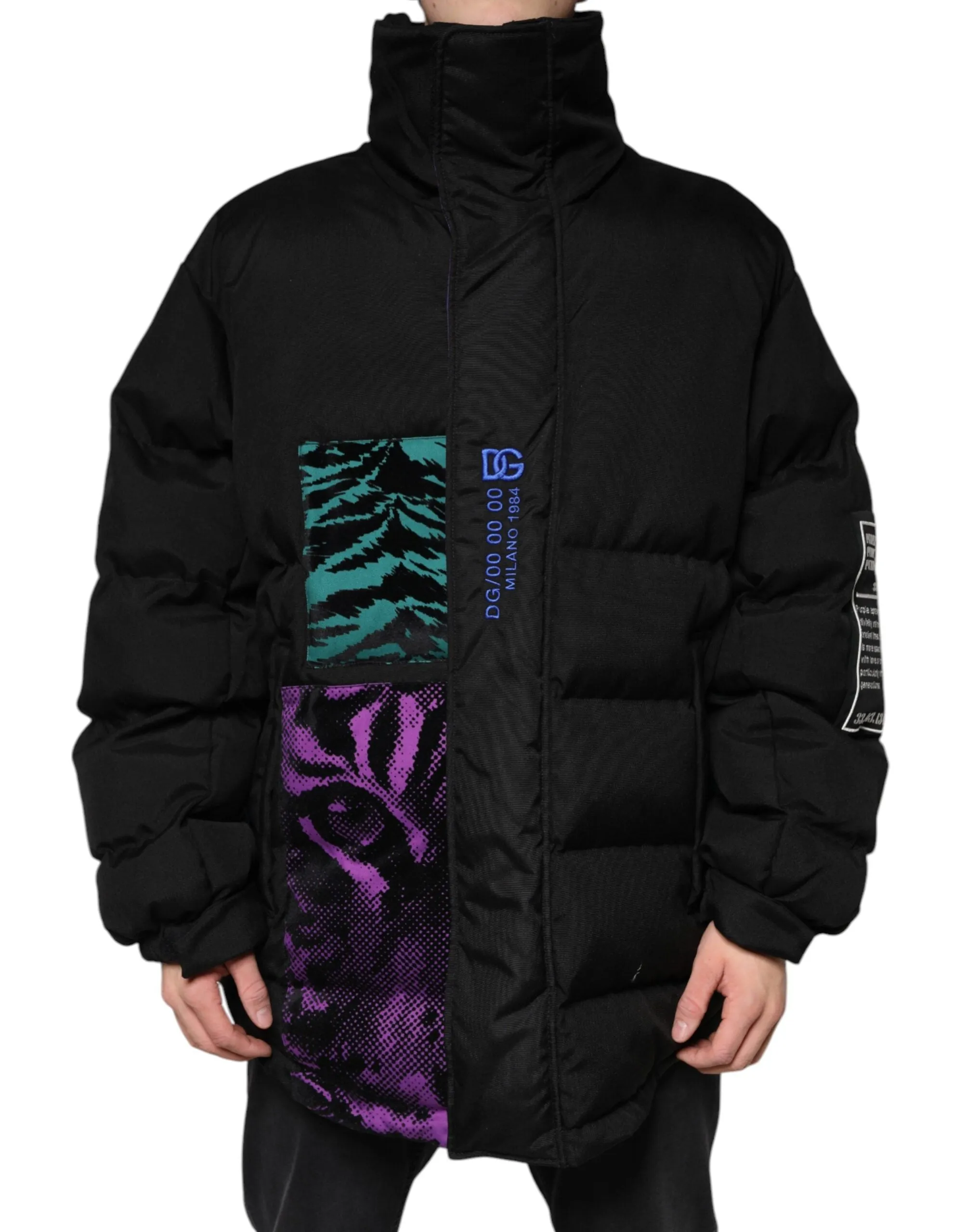 Dolce&Gabbana Men Black Puffer Jacket Nylon Padded Animal Print Bomber Sz IT 52