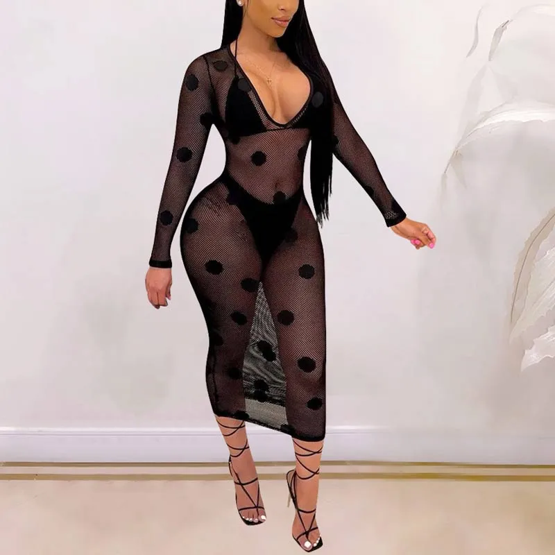 Dot Pattern Sheer Mesh See Through Three Piece Swimsuit Set