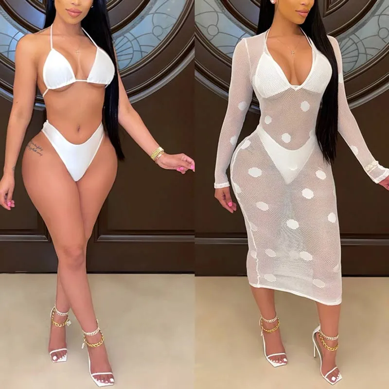 Dot Pattern Sheer Mesh See Through Three Piece Swimsuit Set
