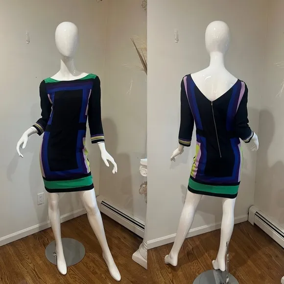DVF Avery 100% Silk Long Sleeve Sheath Dress Color Block 6