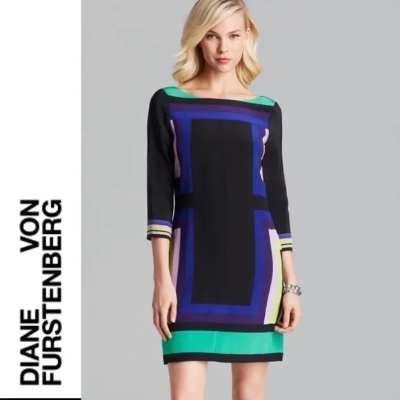DVF Avery 100% Silk Long Sleeve Sheath Dress Color Block 6