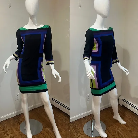 DVF Avery 100% Silk Long Sleeve Sheath Dress Color Block 6